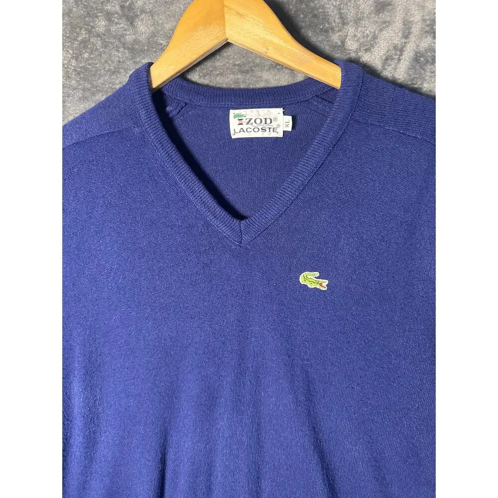 VTG 80s Izod Lacoste V-Neck Sweater Mens XL Blue Knit/Green Crocodile USA!